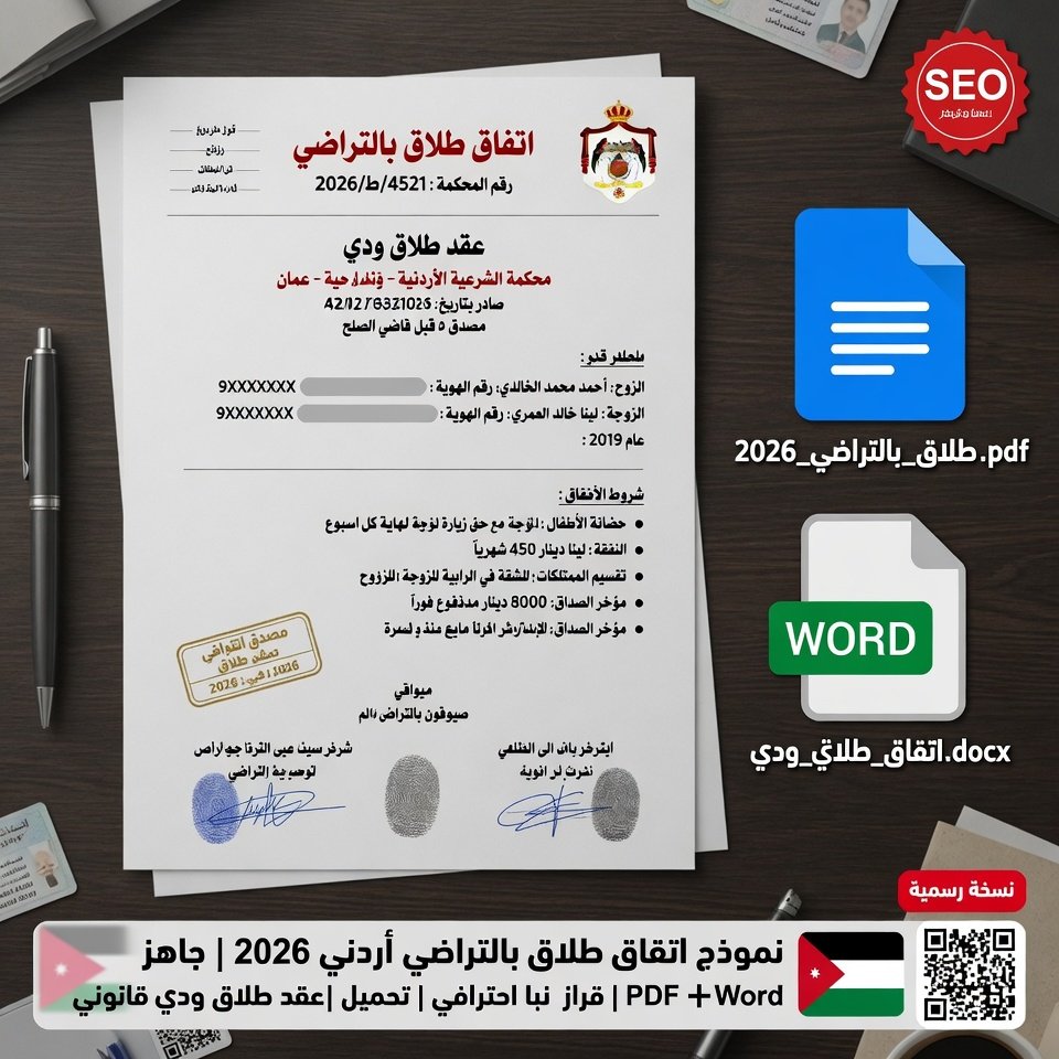 موذج اتفاق طلاق بالتراضي أردني 2026 | عقد طلاق ودي PDF + Word
