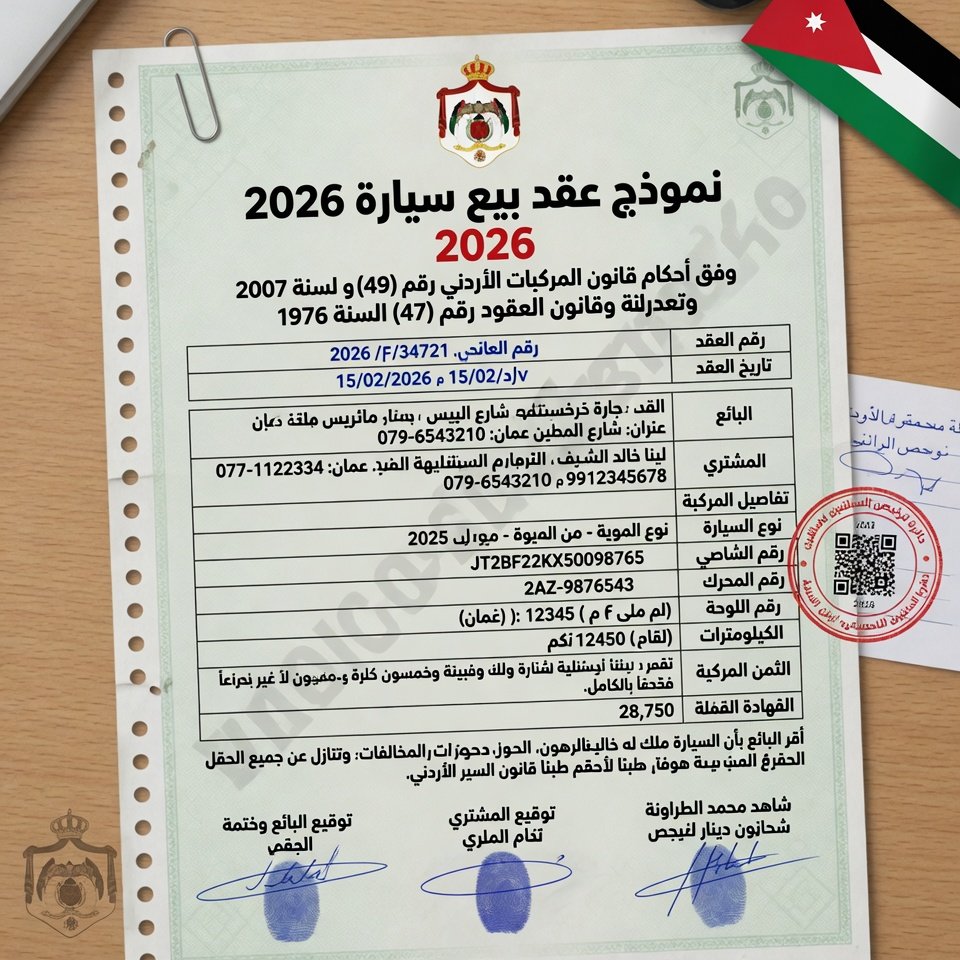 نموذج عقد بيع سيارة أردني 2026 | تحميل PDF + Word قانوني نقل ملكية مركبة