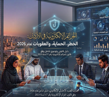A legal team of four in a high tech conference room, Jordan flag outside, reviewing documents with holographic screens and a scales of justice centerpiece 