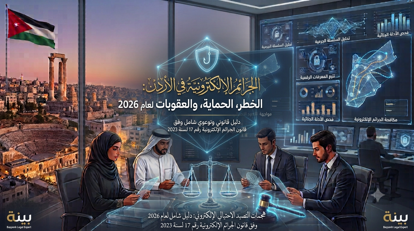 A legal team of four in a high tech conference room, Jordan flag outside, reviewing documents with holographic screens and a scales of justice centerpiece 