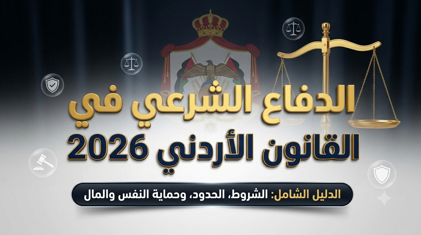 بوستر تعريفي باللغة العربية عن الدفاع الشرعي في القانون الأردني 2026 مع ميزان العدل وتاج في الخلفية، وعبارة الدليل الشامل: الشروط، الحدود، حماية النفس والمال 