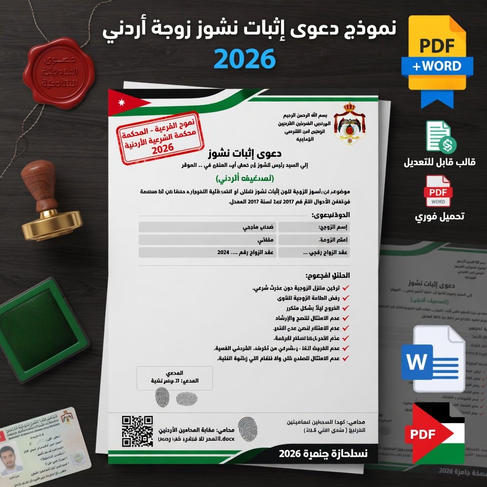 نموذج دعوى إثبات نشوز زوجة أردني 2026 | قالب دعوى نشوز شرعي PDF + Word