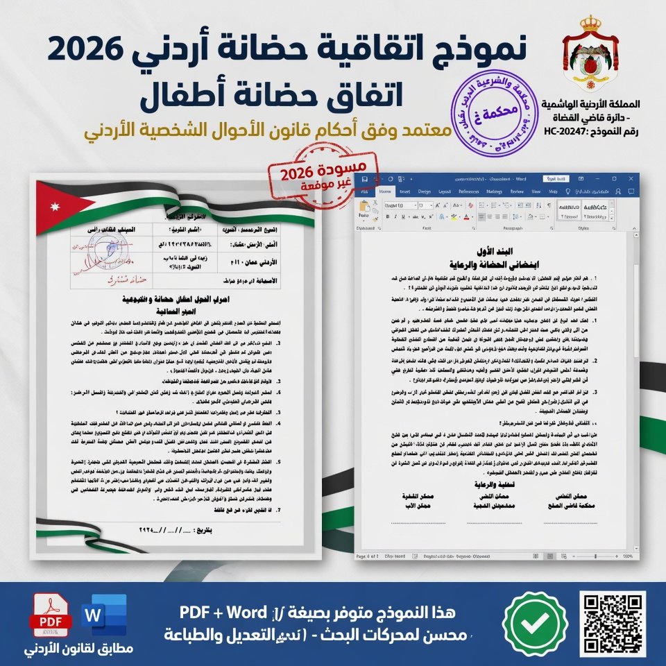نموذج اتفاقية حضانة أردني 2026 | اتفاق حضانة أطفال PDF + Word