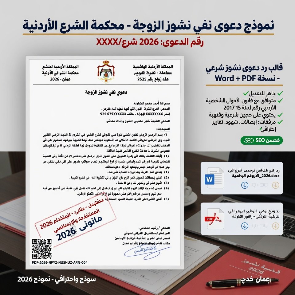 نموذج دعوى نفي نشوز زوجة أردني 2026 | قالب رد دعوى نشوز شرعي PDF + Word