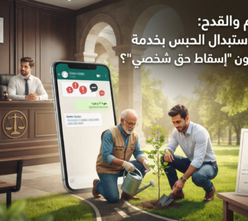 Courtroom scene with two lawyers and a large smartphone showing messages, while a man and an older volunteer plant a tree outdoors, symbolizing accessible justice 