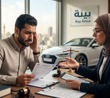 Man and a woman in a hijab consult over documents at a desk; scales of justice and a car showroom are visible in the background, signaling a legal meeting about a vehicle matter 