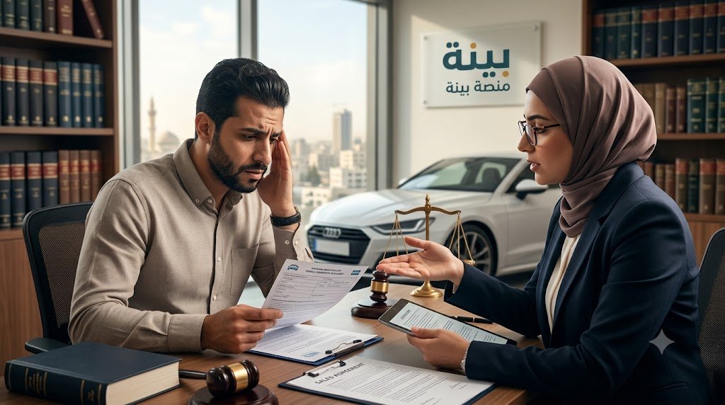 Man and a woman in a hijab consult over documents at a desk; scales of justice and a car showroom are visible in the background, signaling a legal meeting about a vehicle matter 