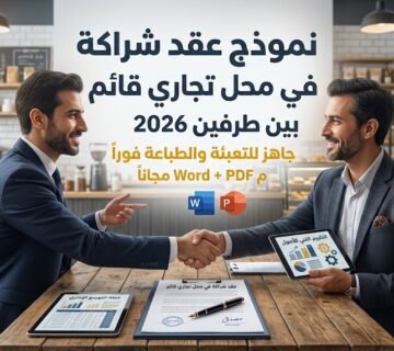 Two businessmen in a cafe shake hands across a wooden table, sealing a partnership, with an Arabic promotional banner about a ready to sign 2026 business agreement  The table shows documents and a tablet with charts, emphasizing a formal deal 