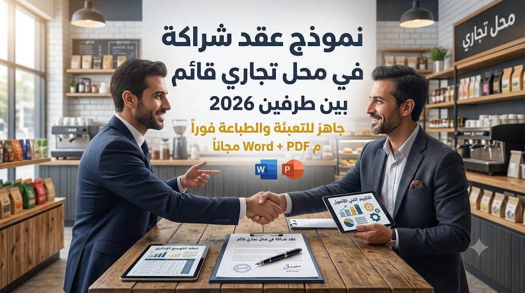 Two businessmen in a cafe shake hands across a wooden table, sealing a partnership, with an Arabic promotional banner about a ready to sign 2026 business agreement The table shows documents and a tablet with charts, emphasizing a formal deal