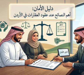 Three people sign a real estate contract at a desk in a bright office, with a tablet reading دليل الأمن on display and legal icons in the background 