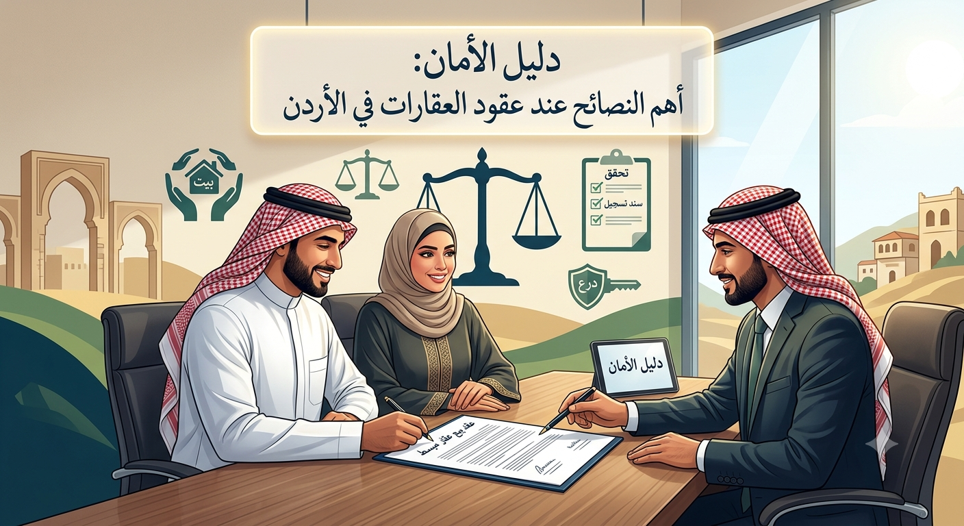 Three people sign a real estate contract at a desk in a bright office, with a tablet reading دليل الأمن on display and legal icons in the background 