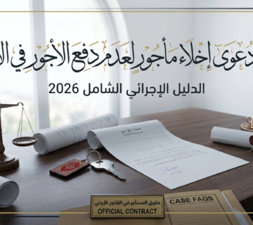 Legal desk setup with scales of justice, rolled contracts, keys, and an Arabic banner about an official contract 