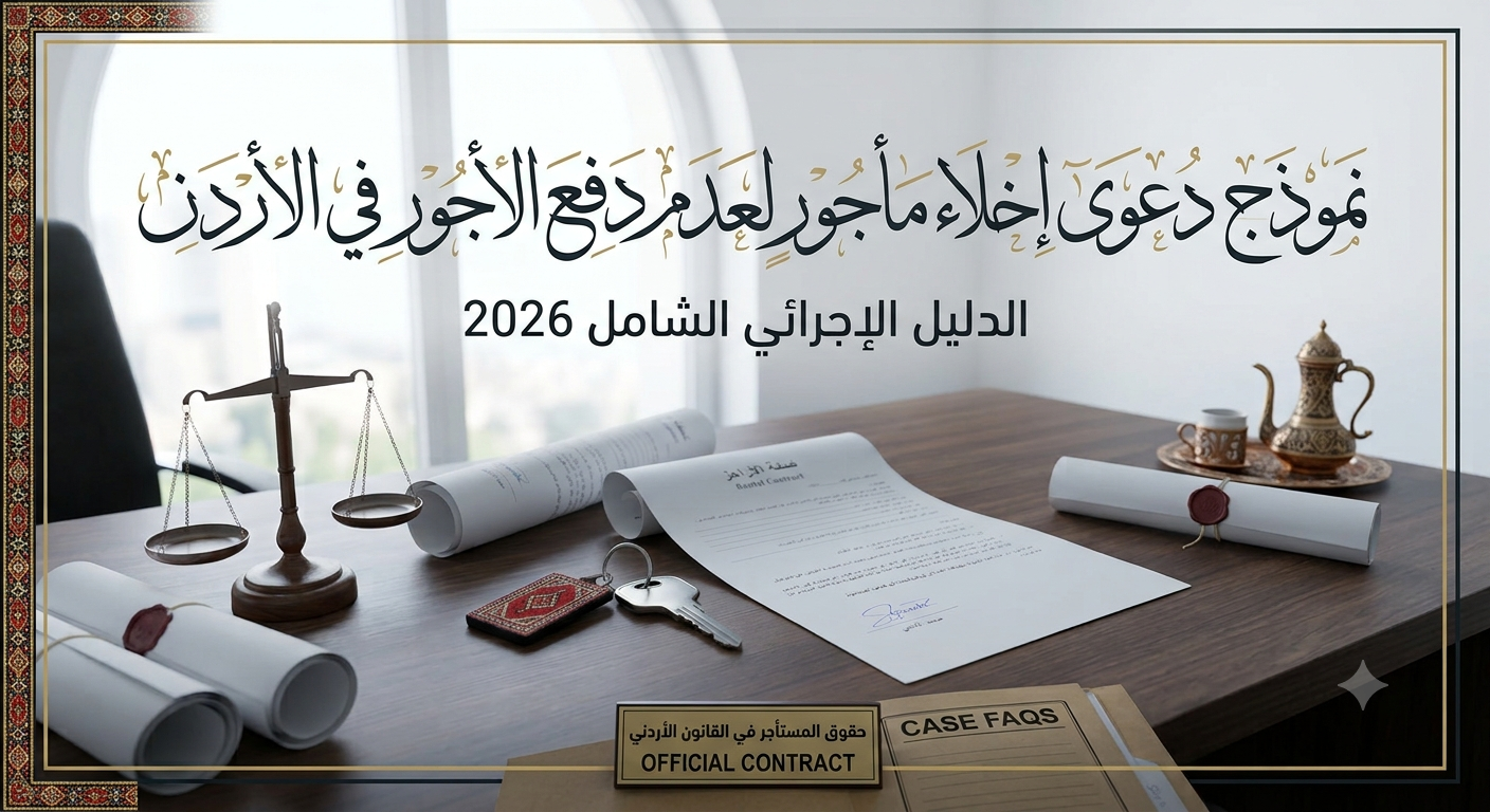 نموذج دعوى إخلاء مأجور لعدم دفع الأجور في الأردن: الدليل الإجرائي الشامل 2026 - بيّنة Legal desk setup with scales of justice, rolled contracts, keys, and an Arabic banner about an official contract