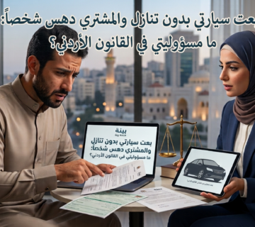 زوجان يجلسان في مكتب قانوني يناقشان وثائق أمام لابتوب وشاشة جهاز لوحي يظهران نصاً قانونياً وميزان عدالة بينهما