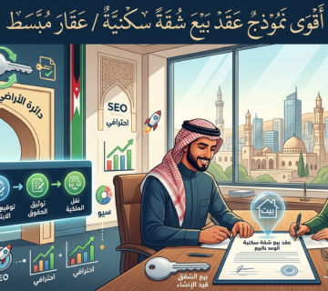 رجل وامرأة يرتديان حجاباً وعمامة يوقعان عقد بيع شقة سكنية في مكتب أنيق مع مخططات بيانية ونوافذ تطل على مدينة حديثة/