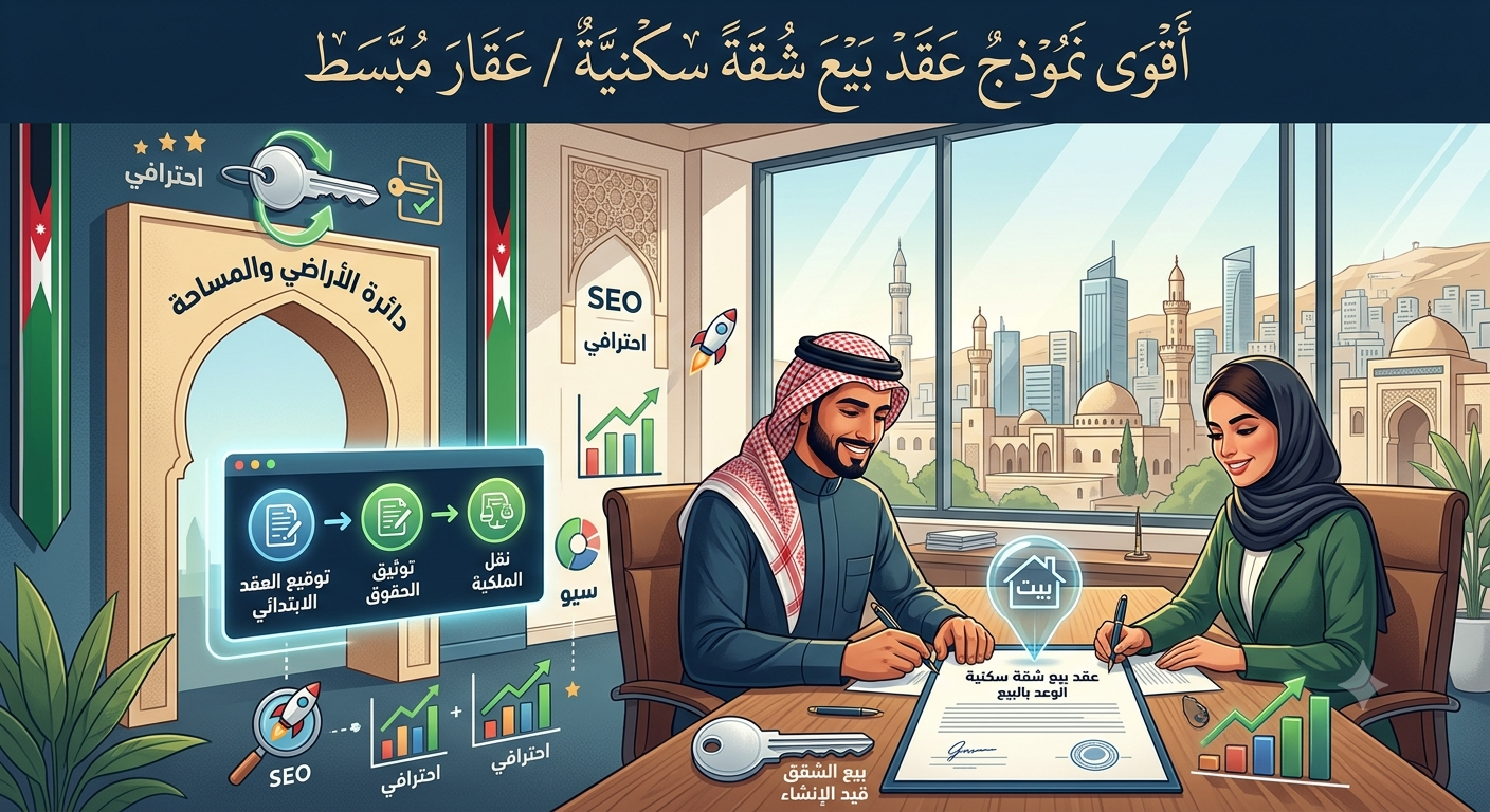 رجل وامرأة يرتديان حجاباً وعمامة يوقعان عقد بيع شقة سكنية في مكتب أنيق مع مخططات بيانية ونوافذ تطل على مدينة حديثة/