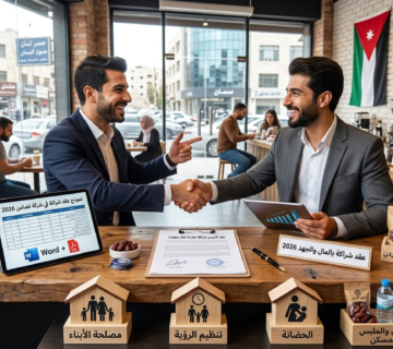 Two businessmen in suits shake hands across a cafe counter after a meeting or agreement signing, smiling at each other 