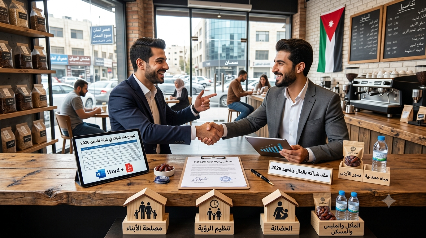 Two businessmen in suits shake hands across a cafe counter after a meeting or agreement signing, smiling at each other 