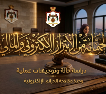 Arabic banner with ornate calligraphy over a courtroom desk, featuring a gavel and law books; background shows a conference room with two people, suggesting a legal study on cybercrime investigations in Arabic 