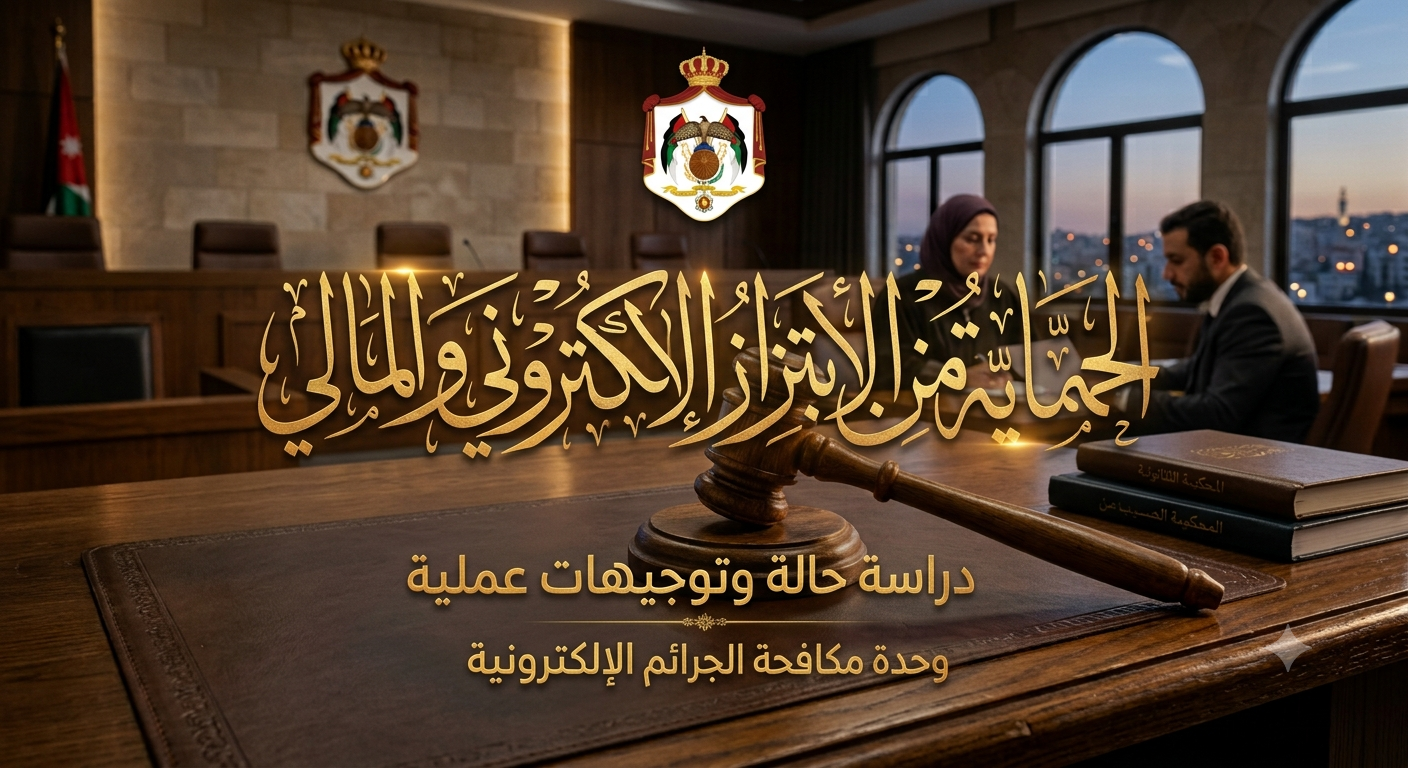 الحماية القانونية من الابتزاز الإلكتروني والمالي في القانون الأردني: دراسة حالة وتوجيهات عملية - بيّنة Arabic banner with ornate calligraphy over a courtroom desk, featuring a gavel and law books; background shows a conference room with two people, suggesting a legal study on cybercrime investigations in Arabic