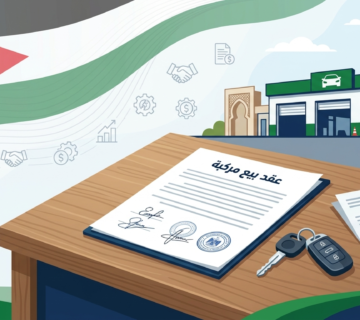 Vehicle sale contract on a desk with car keys and a checked document beside a car dealership in the background (Jordan flag motif)