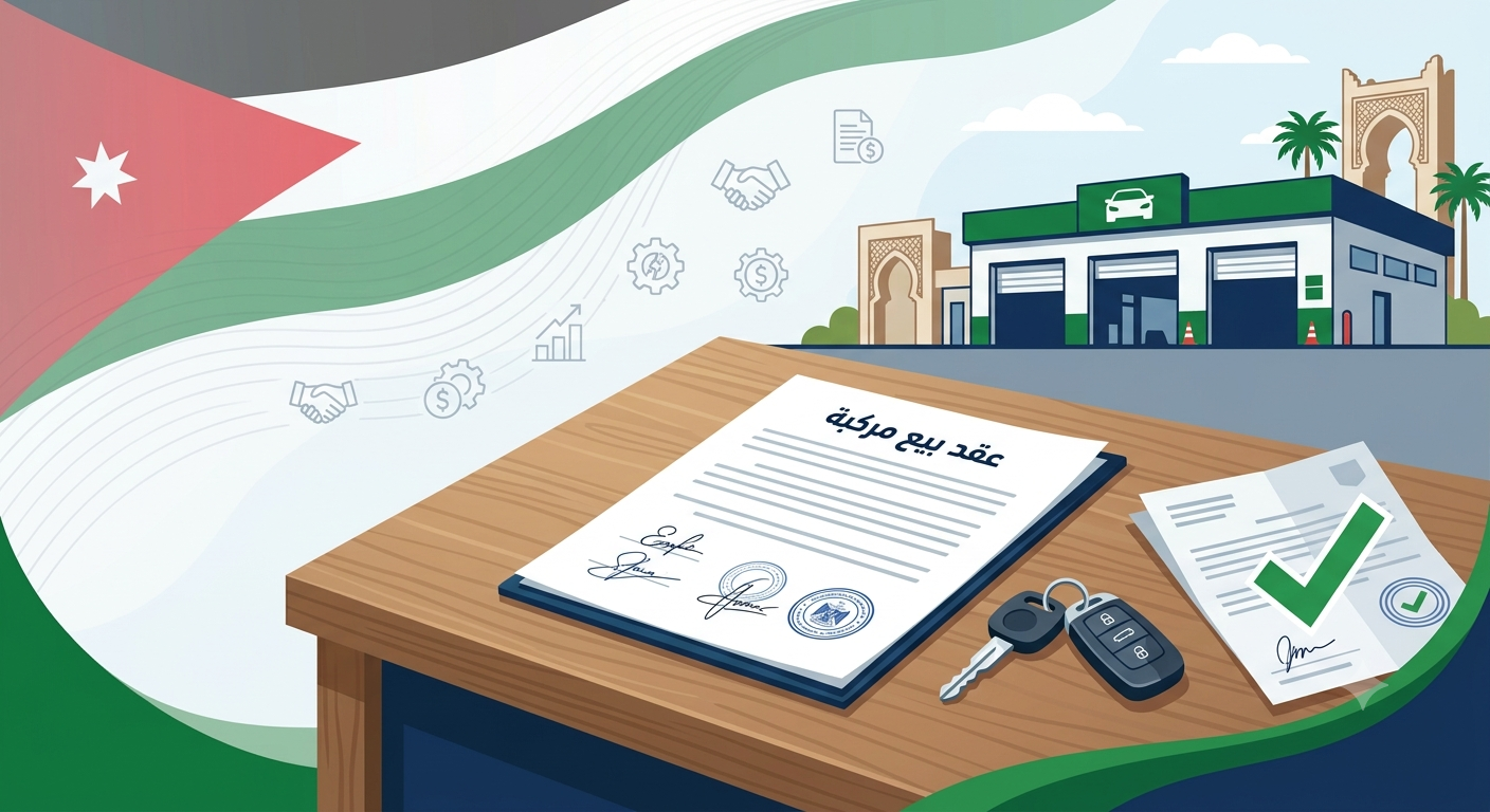 Vehicle sale contract on a desk with car keys and a checked document beside a car dealership in the background (Jordan flag motif)