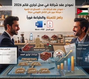 Two businessmen shake hands in a Jordanian cafe; Arabic text and charts promote a 2026 business contract model with Word+PDF 