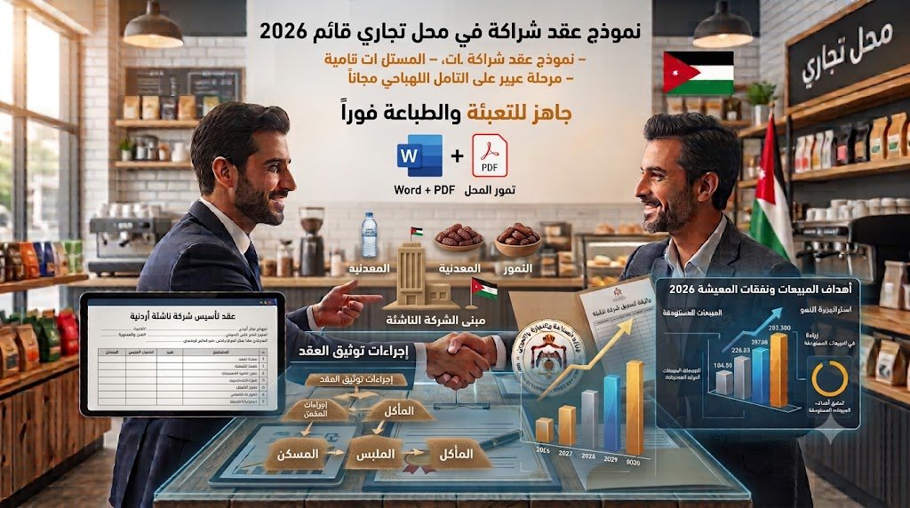 Two businessmen shake hands in a Jordanian cafe; Arabic text and charts promote a 2026 business contract model with Word+PDF