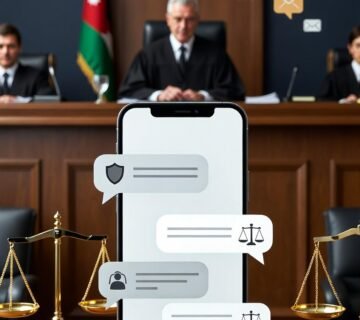 Smartphone on a courtroom desk showing chat bubbles with legal icons, judge's bench in the background 