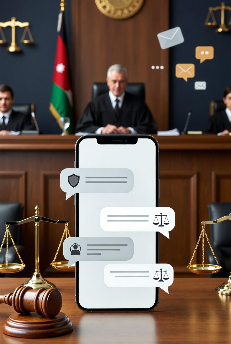 Smartphone on a courtroom desk showing chat bubbles with legal icons, judge's bench in the background 
