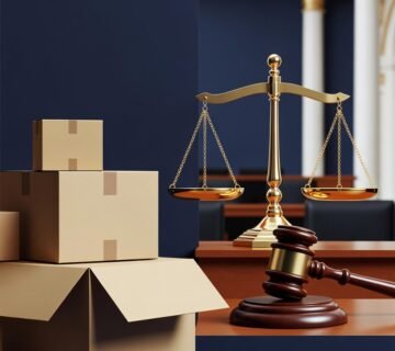 Golden scales of justice with a gavel on a wooden bench, and stacked cardboard boxes in the foreground 