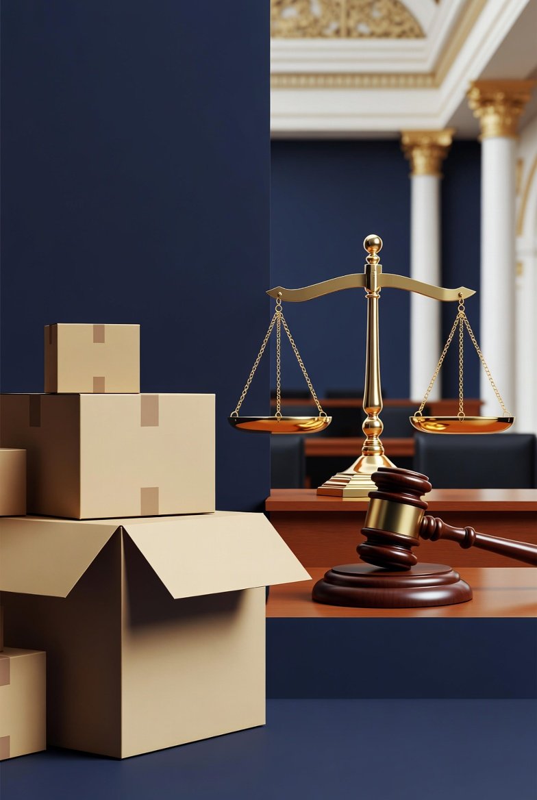 Golden scales of justice with a gavel on a wooden bench, and stacked cardboard boxes in the foreground 
