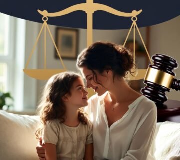 Mother and daughter sitting close on a sofa, smiling at each other, with a large scales of justice and gavel illustration in the background 