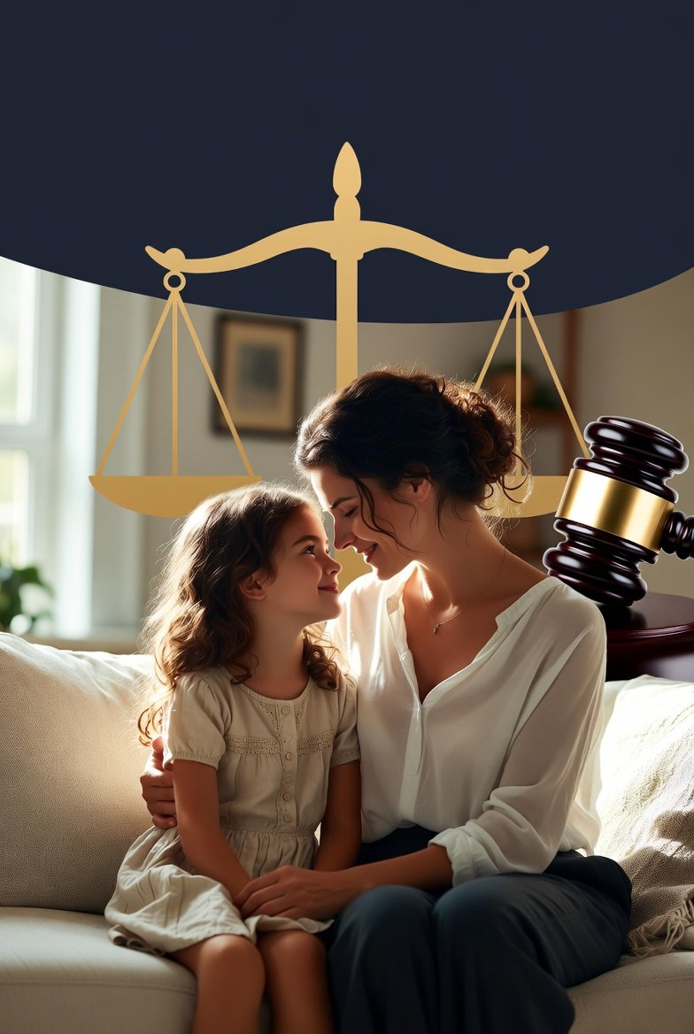 Mother and daughter sitting close on a sofa, smiling at each other, with a large scales of justice and gavel illustration in the background 