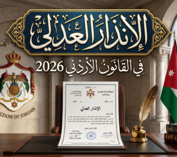 Elegant office scene with a blue gold Arabic banner about Jordanian law 2026, coat of arms of the Kingdom of Jordan, Jordan flag, a framed legal document, feather quill, inkwell, and stacked law books on a dark desk by marble columns 
