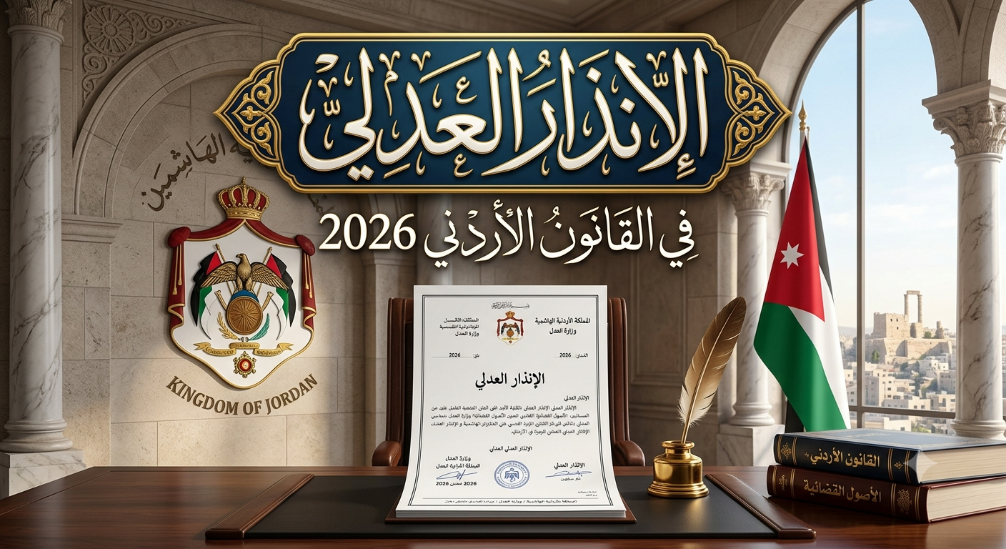 الإنذار العدلي في القانون الأردني 2026 - بيّنة Elegant office scene with a blue gold Arabic banner about Jordanian law 2026, coat of arms of the Kingdom of Jordan, Jordan flag, a framed legal document, feather quill, inkwell, and stacked law books on a dark desk by marble columns