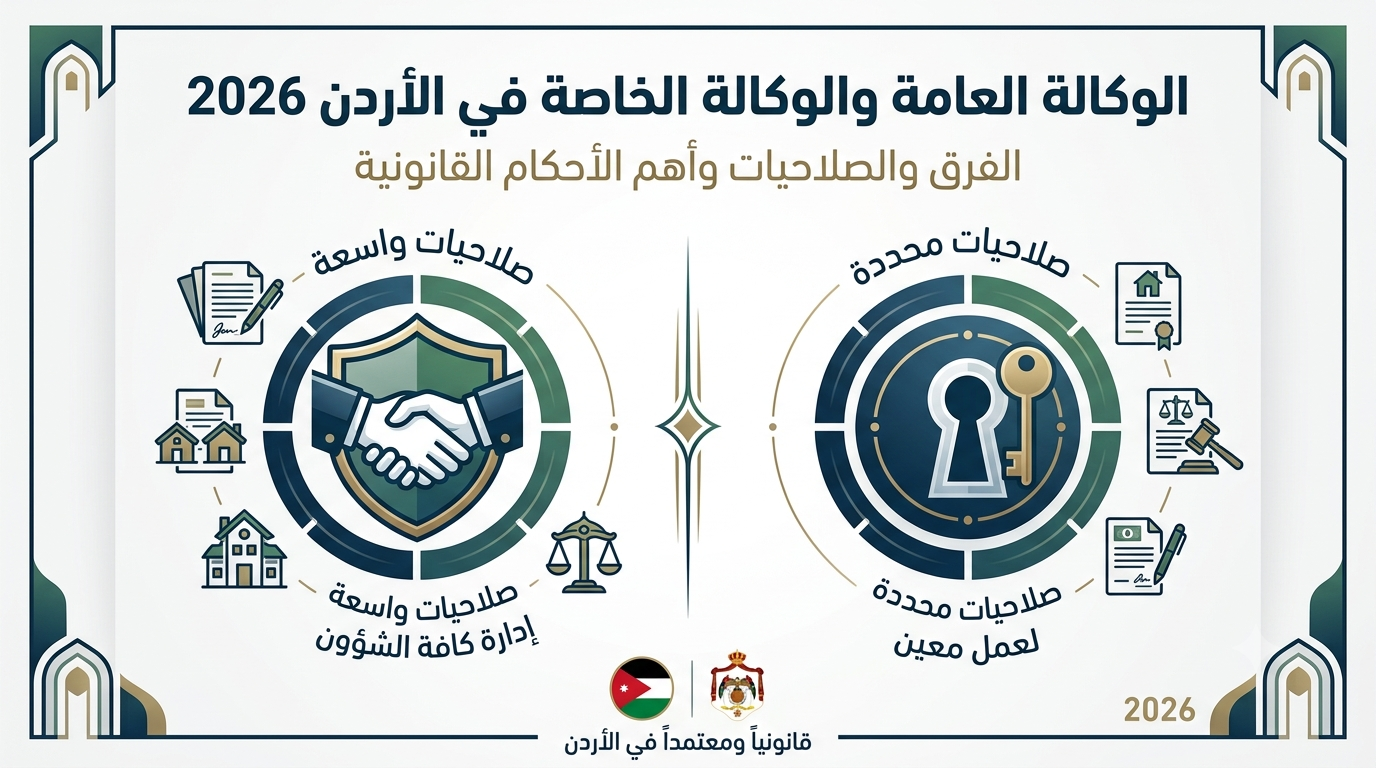 الوكالة العامة والوكالة الخاصة في الأردن 2026 | الفرق والصلاحيات وأهم الأحكام القانونية